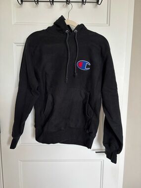 Champion Black Crewneck Hoodie with Blue & Red Logo